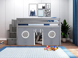Contemporary Low Loft Twin Bed with a 3 Drawer Stairway, Gray with Gray & White Tent
