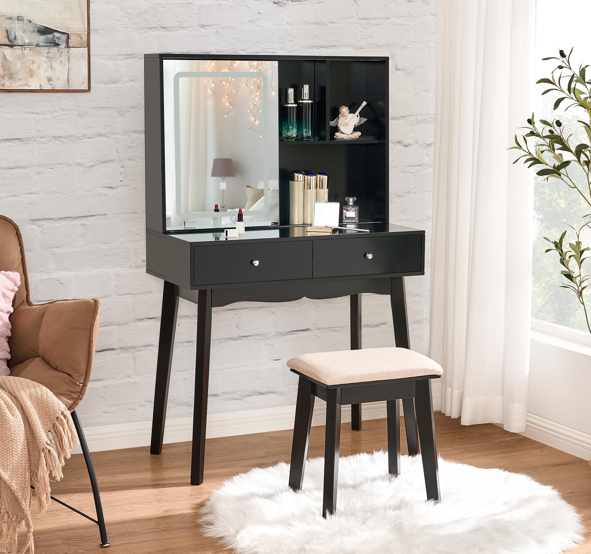 Vanity Desk with Mirror and Lights,Makeup Vanity Black Vanity Set Makeup Desk with 3