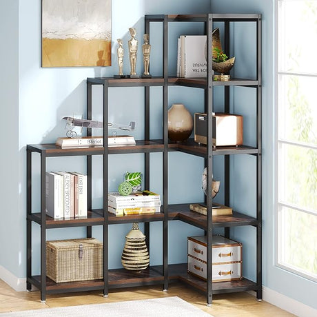 5-Tier Corner Bookshelf, 63” Tall Industrial L-Shaped Bookshelf Corner Bookcase,