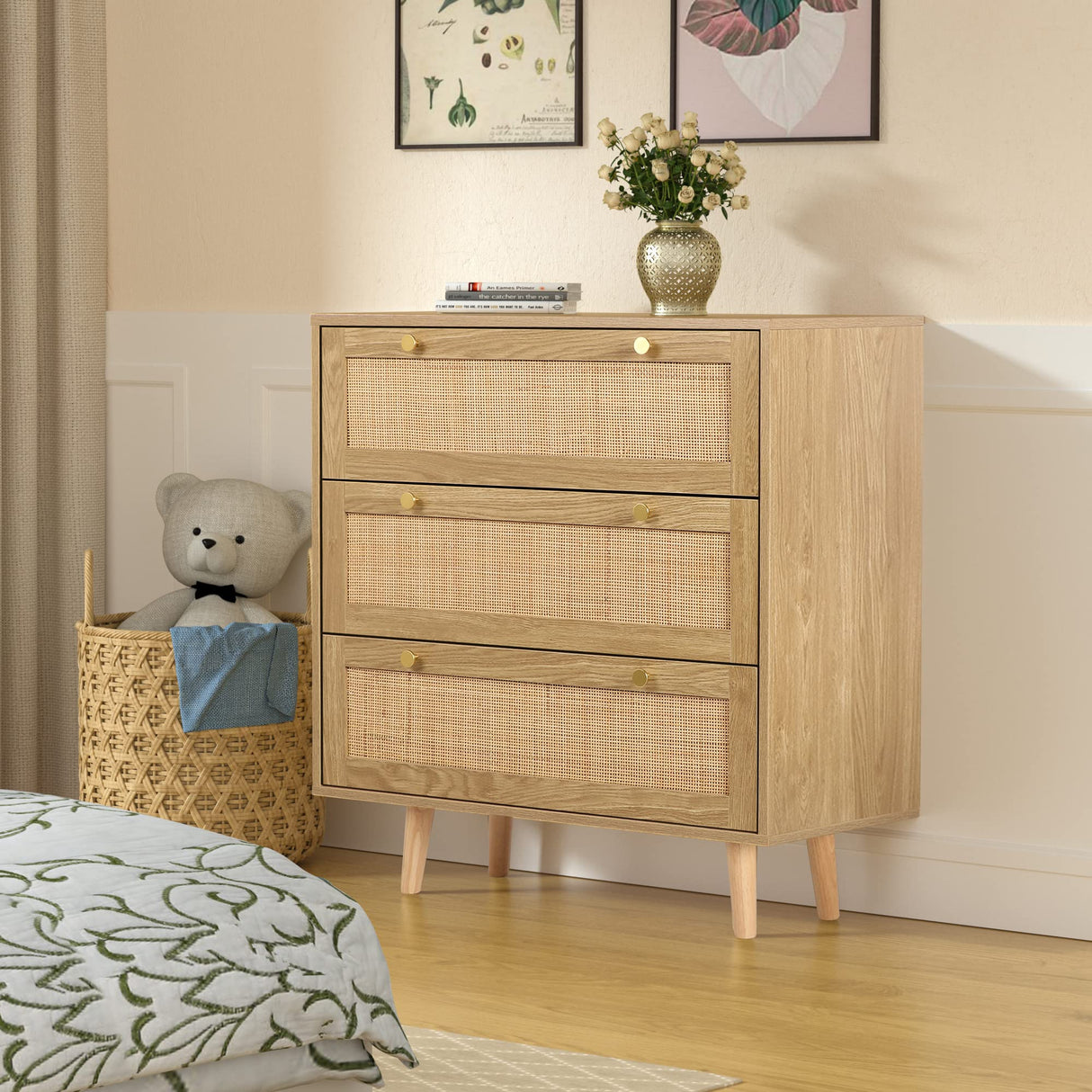 3 Drawer Dresser for Bedroom, Rattan Dresser Modern Wood Chest of Drawers