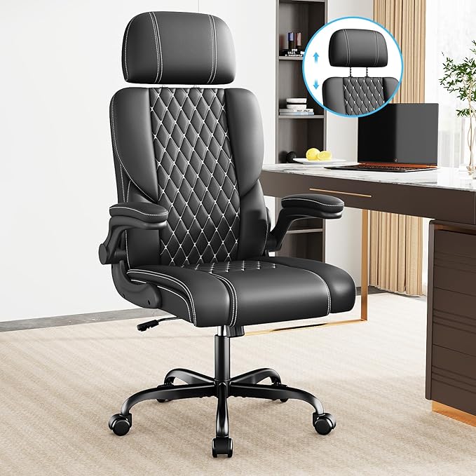 Executive Leather Office Chair, Comfy Desk Chair with Adjustable Headrest & Flip-up