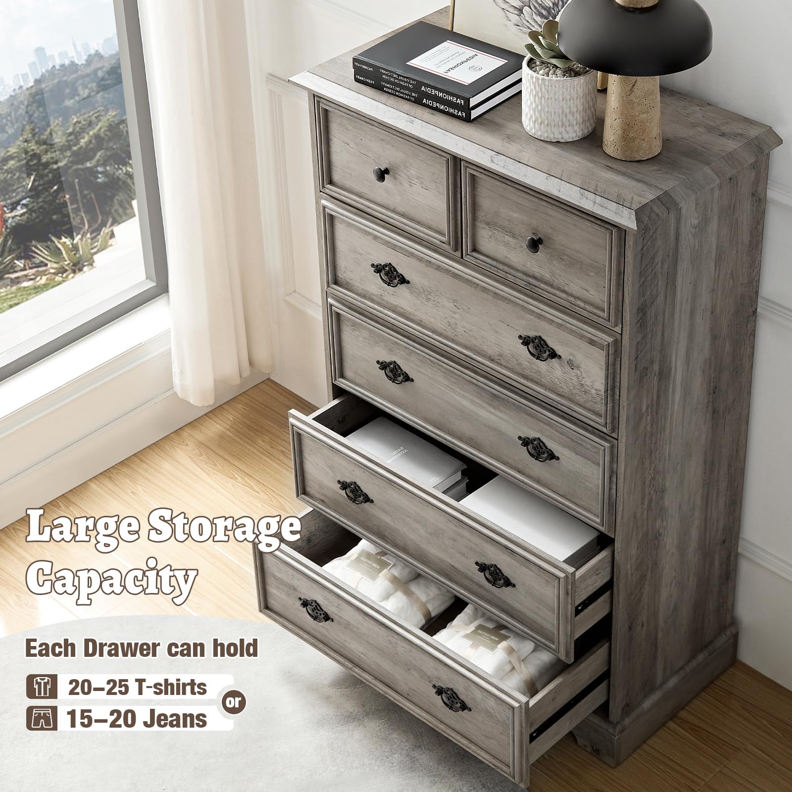 Farmhouse Drawers Dresser for Bedroom, 6 Drawers Dresser Chests for Bedroom