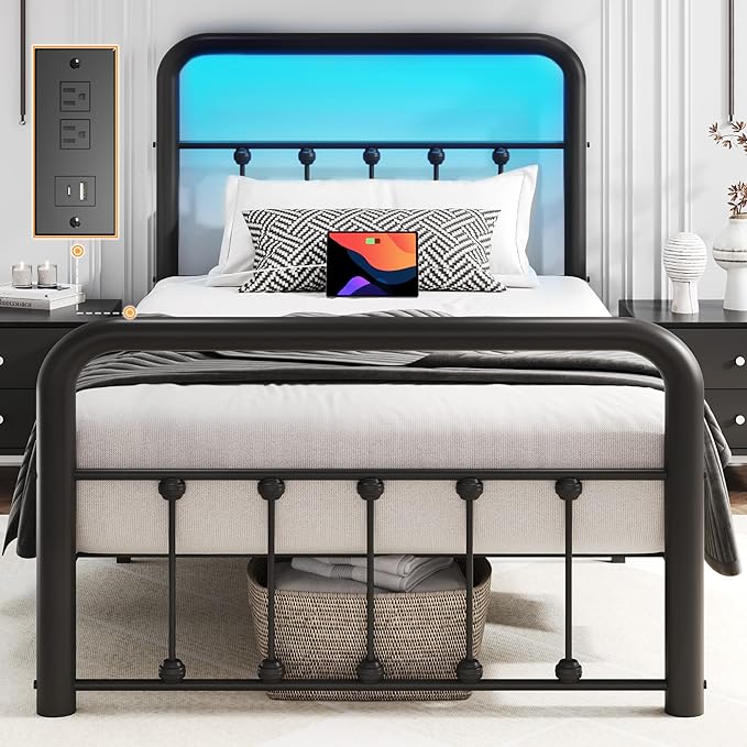 Metal Platform Bed Frame with Charging Station & LED, Victorian Style Iron-Art