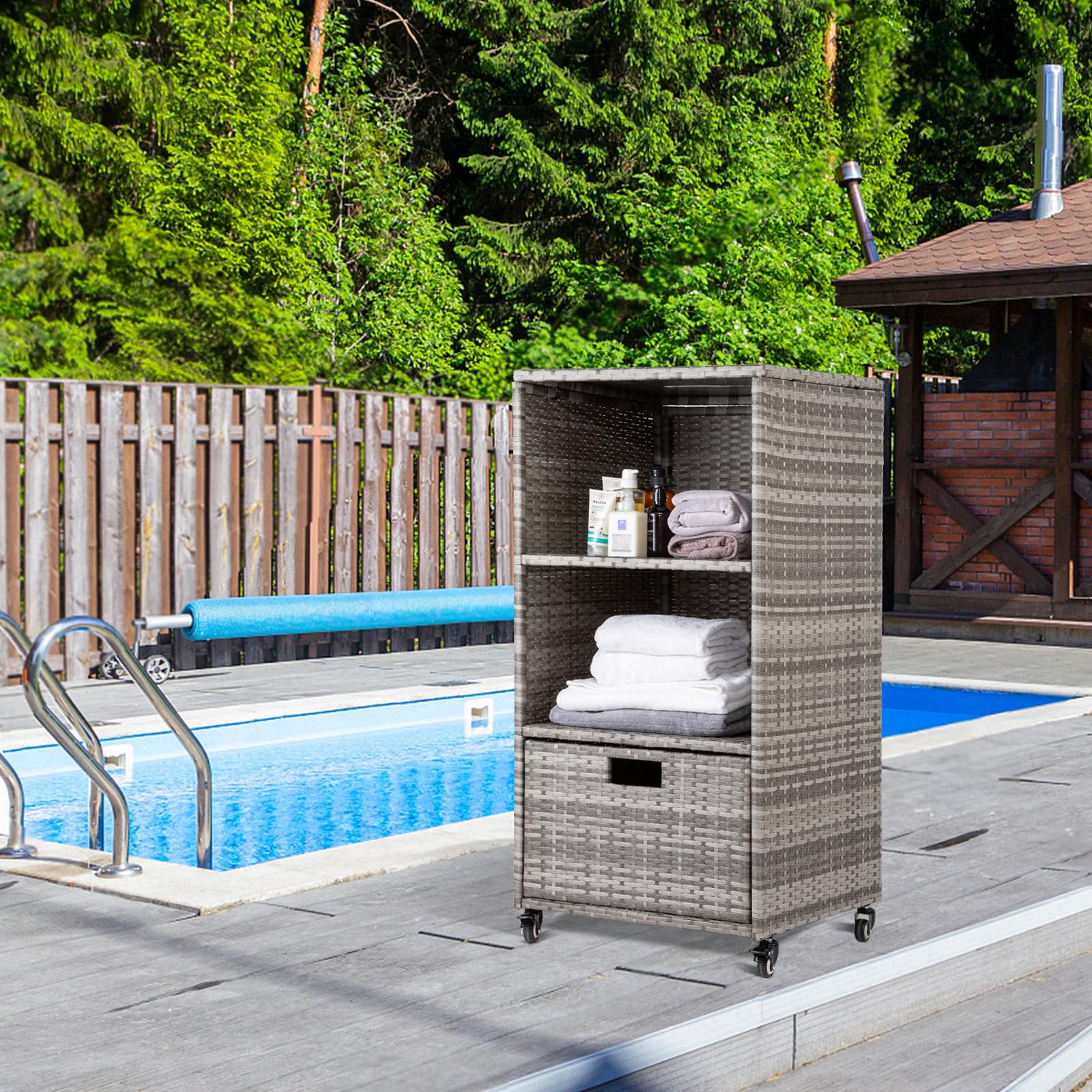 Outdoor Towel Cabinet, Pool Accessory Storage Organizer, Freestanding Waterproof