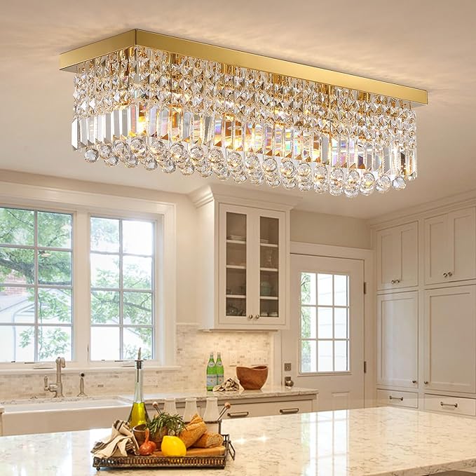 6-Light Modern Crystal Chandelier Rectangular Gold K9 Crystal Raindrop