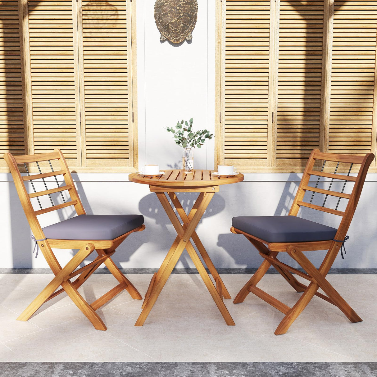 3 Piece Patio Wood Bistro Set, Folding Table Chair Set w/Soft Seat Cushions