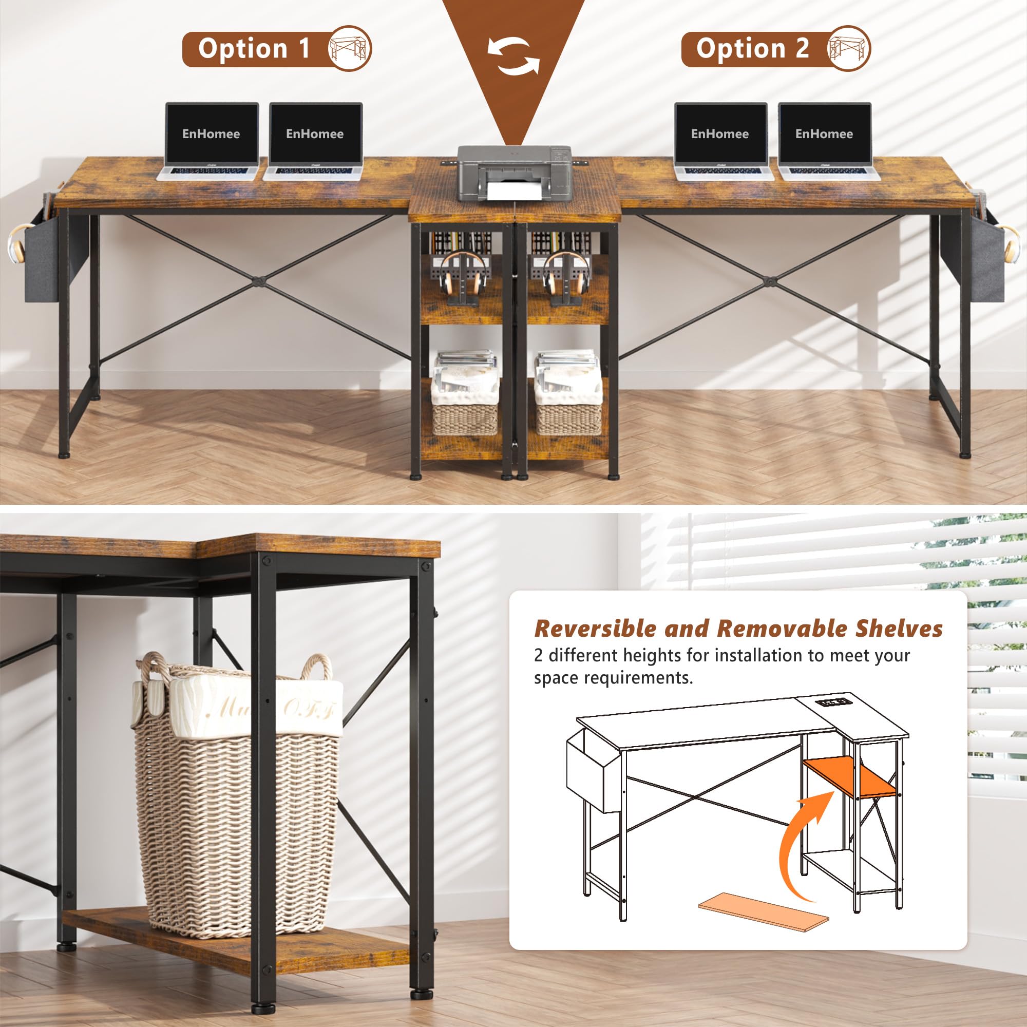47" Computer Desk with Power Outlets,L Shaped Desk with Storage Shelves