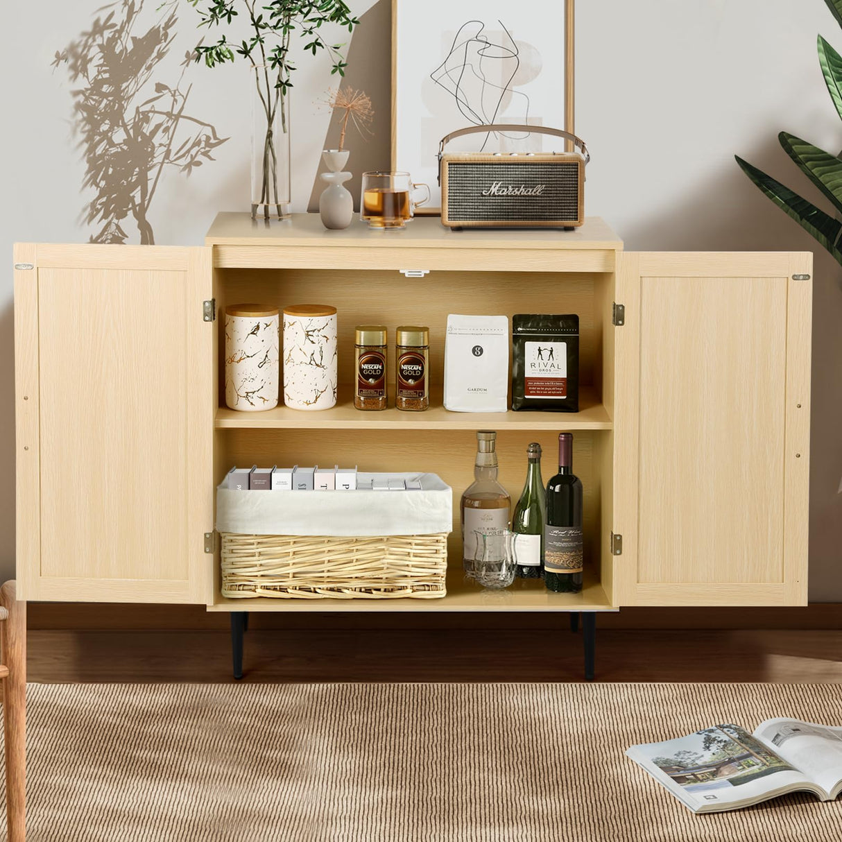 Rattan Sideboard Cabinet with Storage, Accent Cabinet with Feet, Buffet Cabinet with Doors