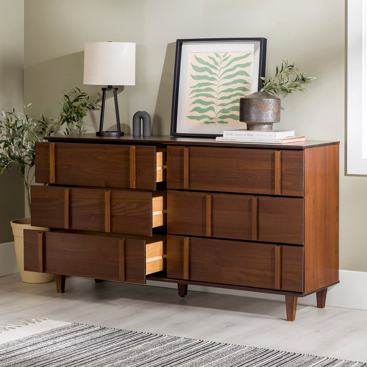 Contemporary Detailed 6-Drawer Solid Wood Dresser, 60 Inch, Walnut