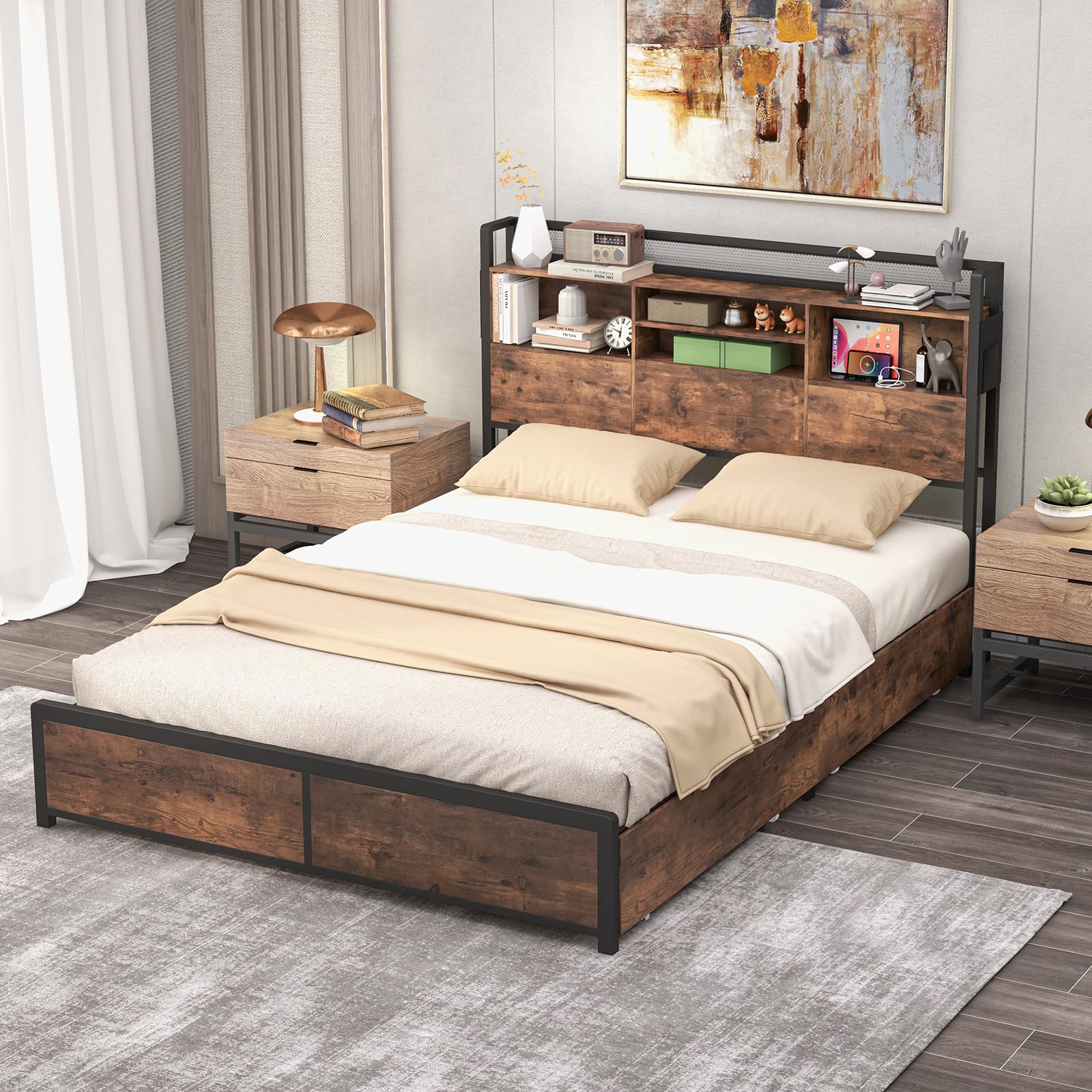 Giantex Queen Bed Frame with 4 Storage Drawers and Bookcase Headboard, Industrial Bed Frame with Charging Station, Heavy Duty Slats Support, No Box Spring Needed, Metal Queen Platform Bed with Storage