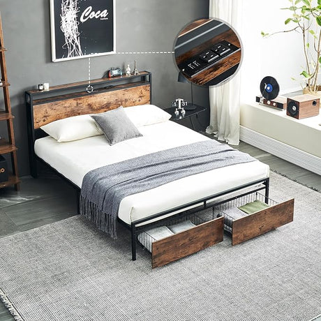 King Size Bed Frame with Charging Station, Platform Bed Frame with Storage Headboard,