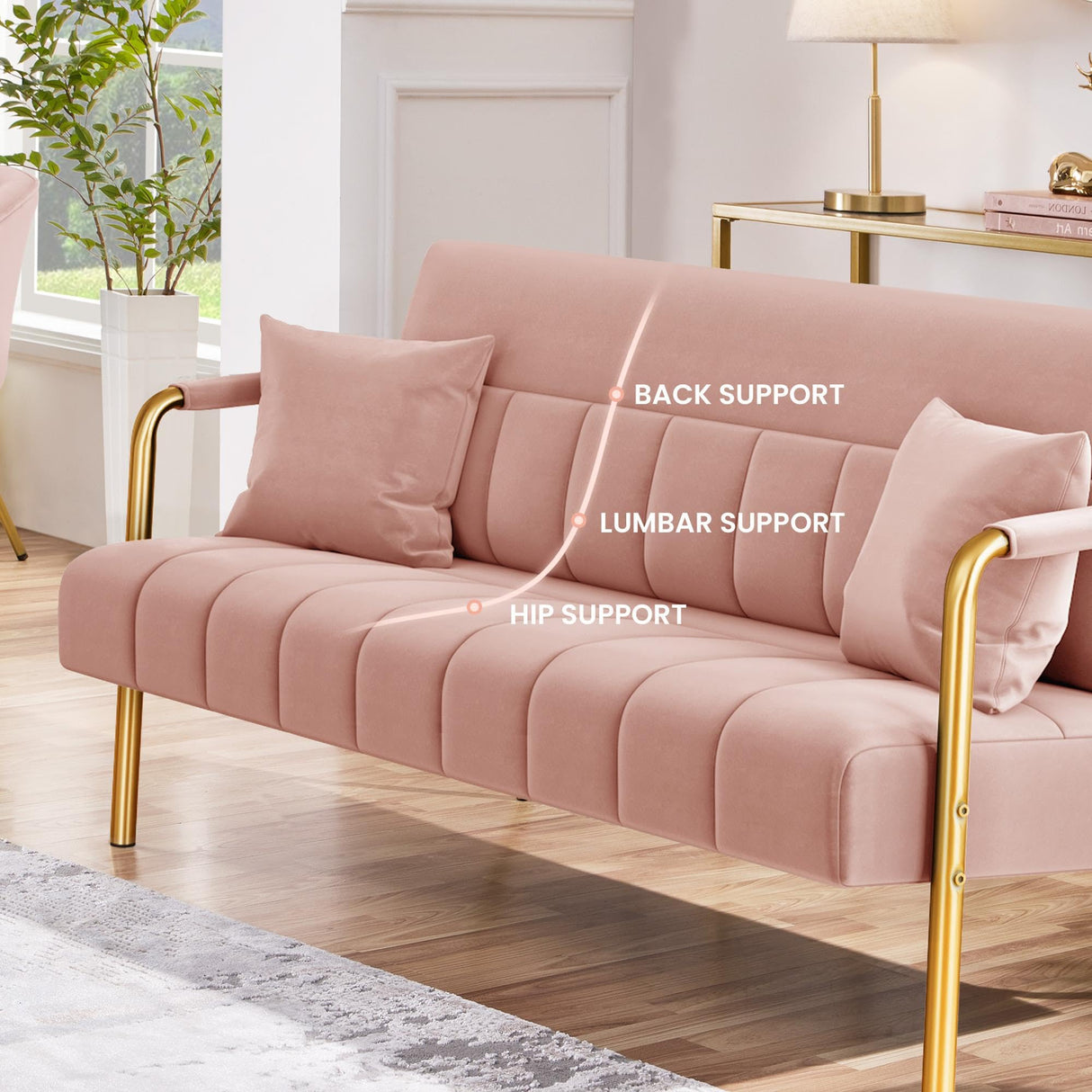 56.5" W Modern Loveseat 2 Seater Sofa Luxurious Velvet Fabric Couch with Gold-Tone Metal Arms and Legs for Living Room, Home Office, Studio Pink