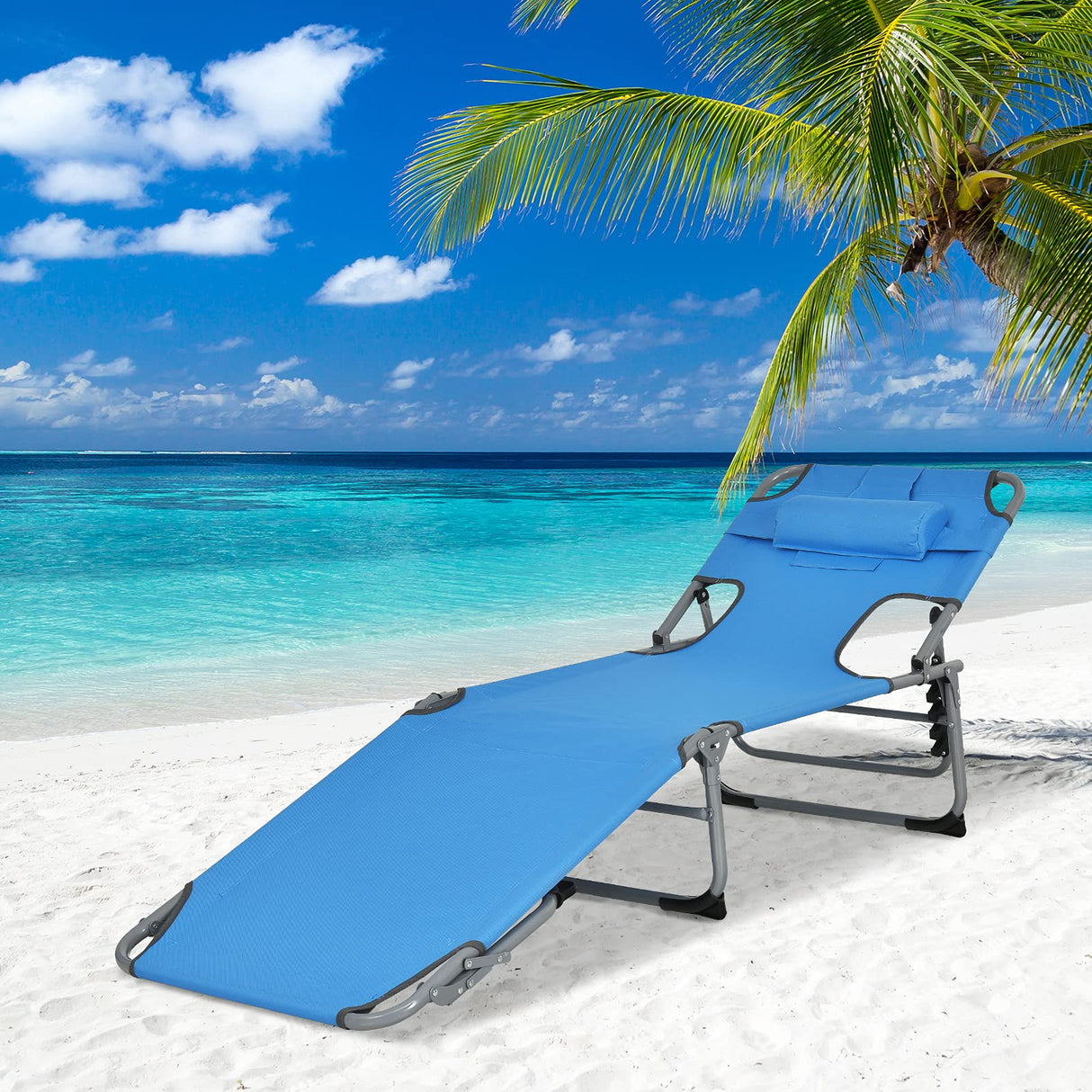 Lounge Chair for Outside, Portable Folding Beach Lounger w/ 5 Backrest Positions, Face