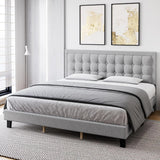 Full Size Bed Frame with Button Tufted Headboard, Upholstered Low Platform Bed Frame,