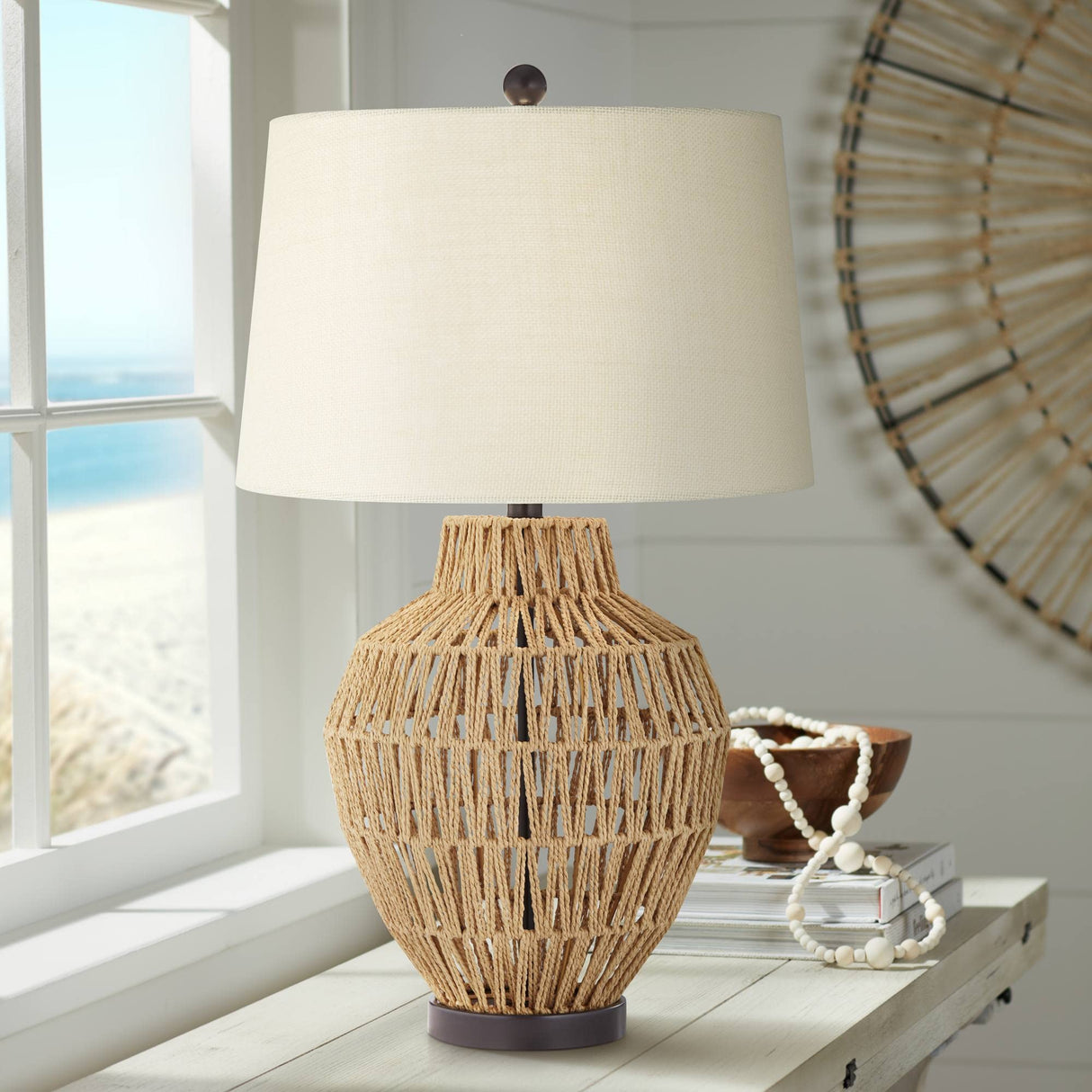 San Marcos Modern Coastal Table Lamp 27" Tall Natural Wicker Black Metal Oatmeal