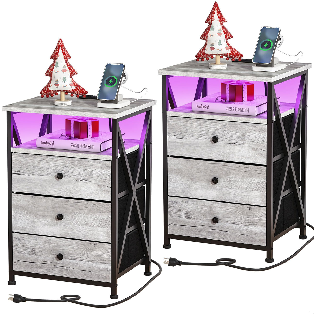 Nightstands Set of 2, Modern Design, LED Light, Night Stand with Charging Station, 3 Drawers, Grey, 23.62x15.75x13.78 inches