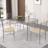 5 Piece Dining Table Set for 4 with Chairs, Glass Tabletop, Small Space, Silver