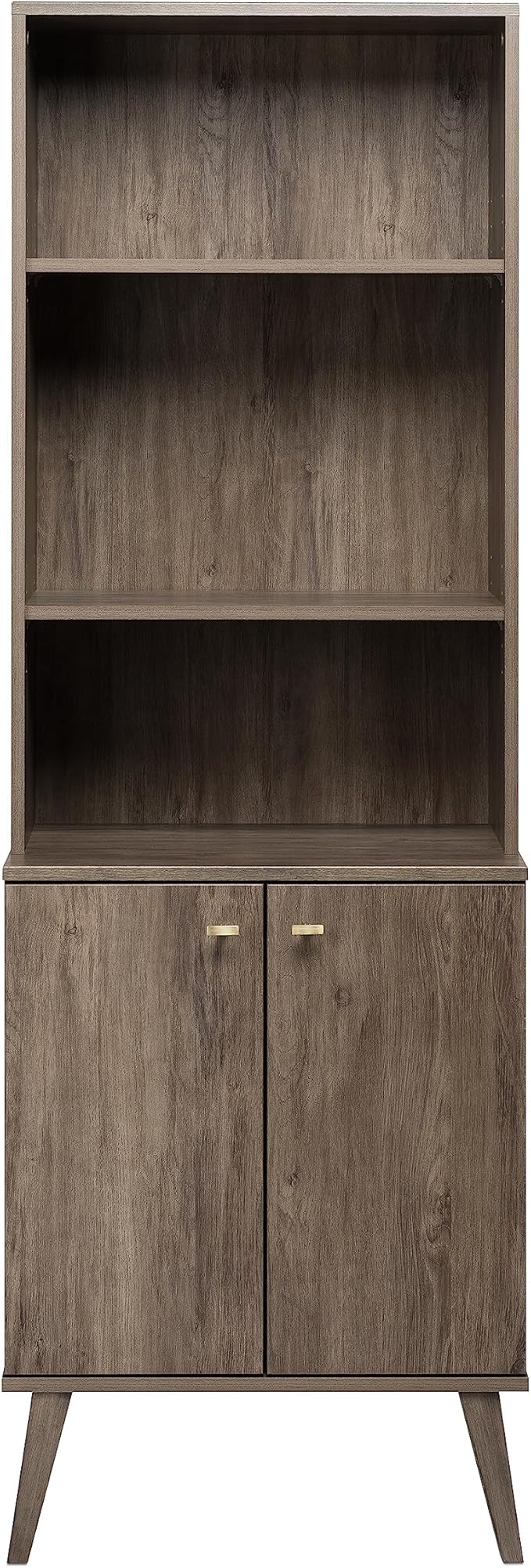 Mid-Century Modern Bookcase with Six Shelves, Two Doors, and Brushed Brass-Finished