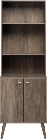 Mid-Century Modern Bookcase with Six Shelves, Two Doors, and Brushed Brass-Finished