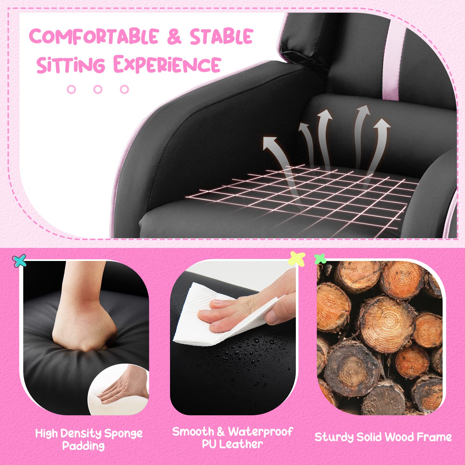 Kids Recliner, Gaming Recliner Chair w/Side Pockets, Footrest