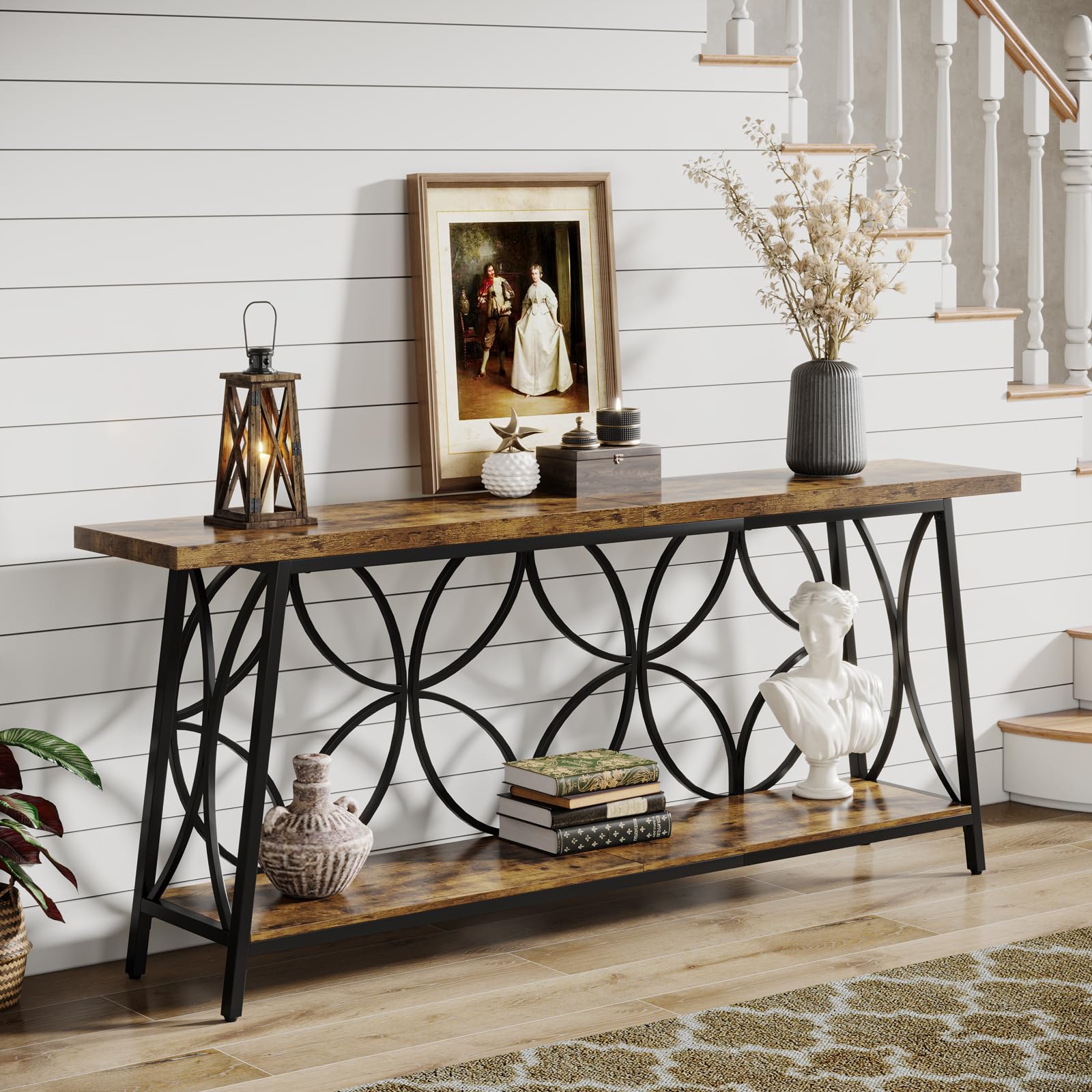70.9-Inch Rustic Brown Console Table with Storage - 2-Tier Sofa Table