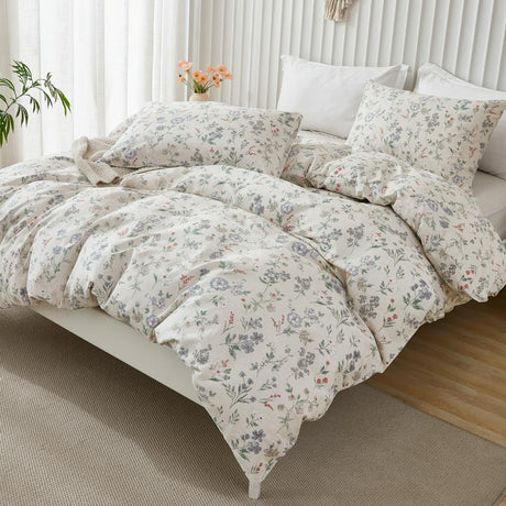 Floral Comforter Set King Size Green Floral Bedding Set 3 Pieces 100% Cotton Farmhouse Botanical Bedding Breathable Soft Reversible Comforter for All Seasons