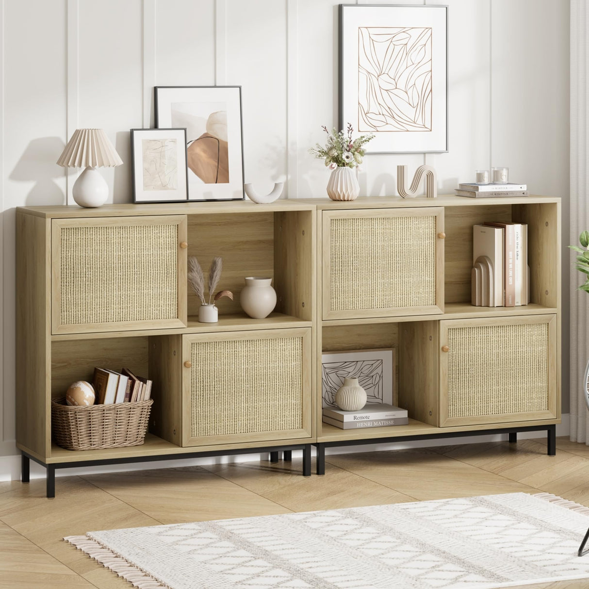 Sideboard Cabinet, Rattan Kitchen Buffet Storage Cabinet with Sliding Door