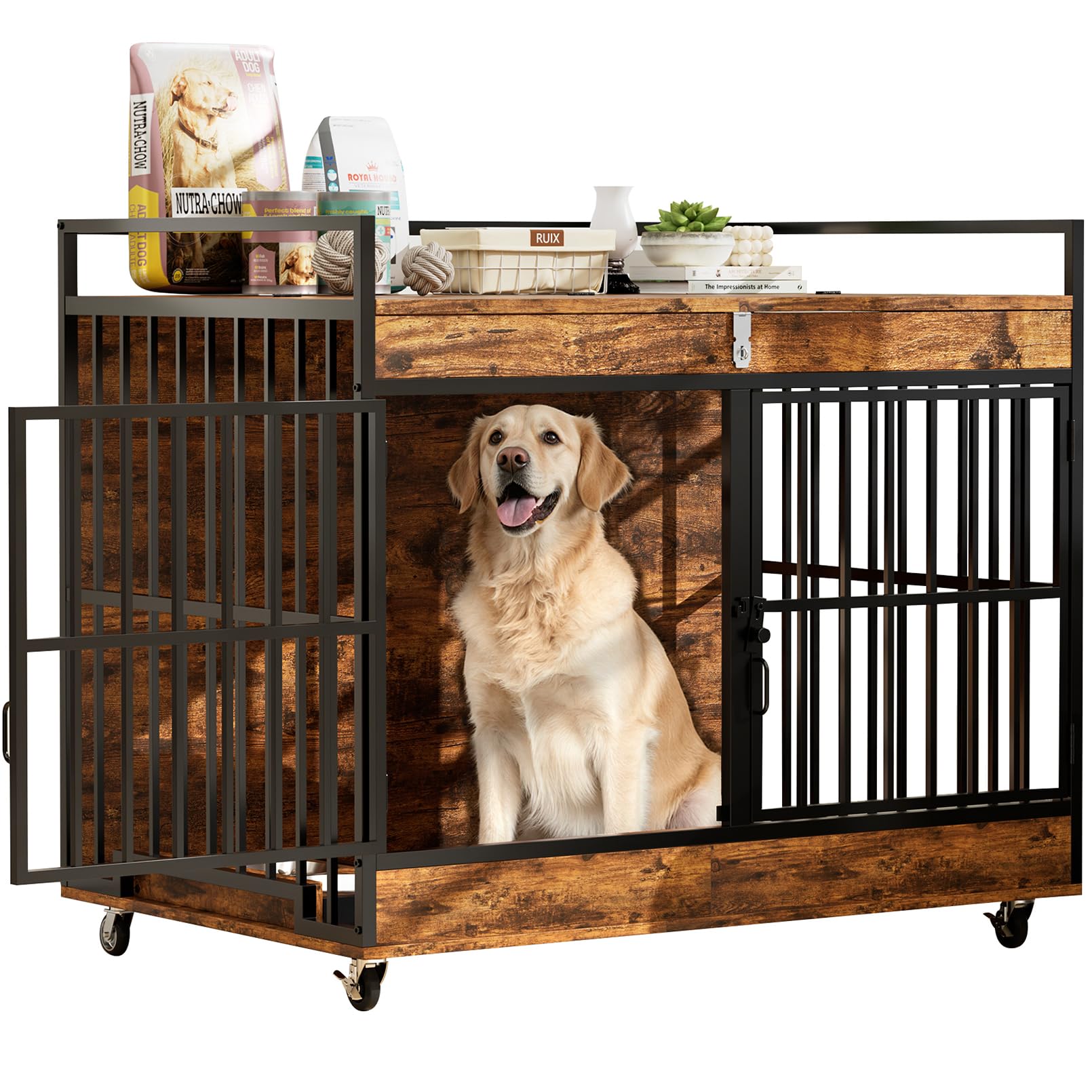 45" Heavy Duty Dog Crate Furniture with Stainless Steel Bowls