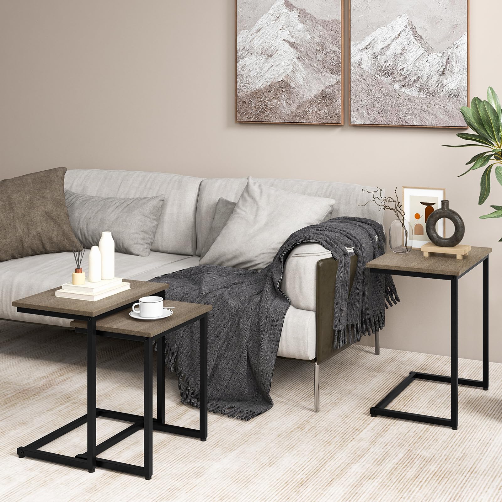 Nesting Coffee Table Set of 3, Stackable Square End Table w/Wood Grain Tabletop