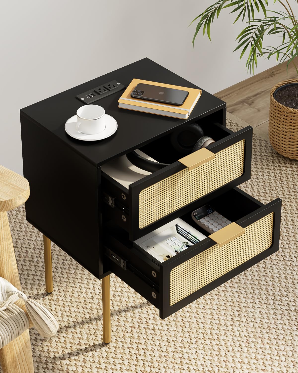 Rattan Nightstand with Charging Station, 2 Drawer Dresser for Bedroom