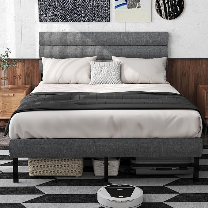 Upholstered Headboard, Metal Platform Bed Frame Full Size with 14" Underbed