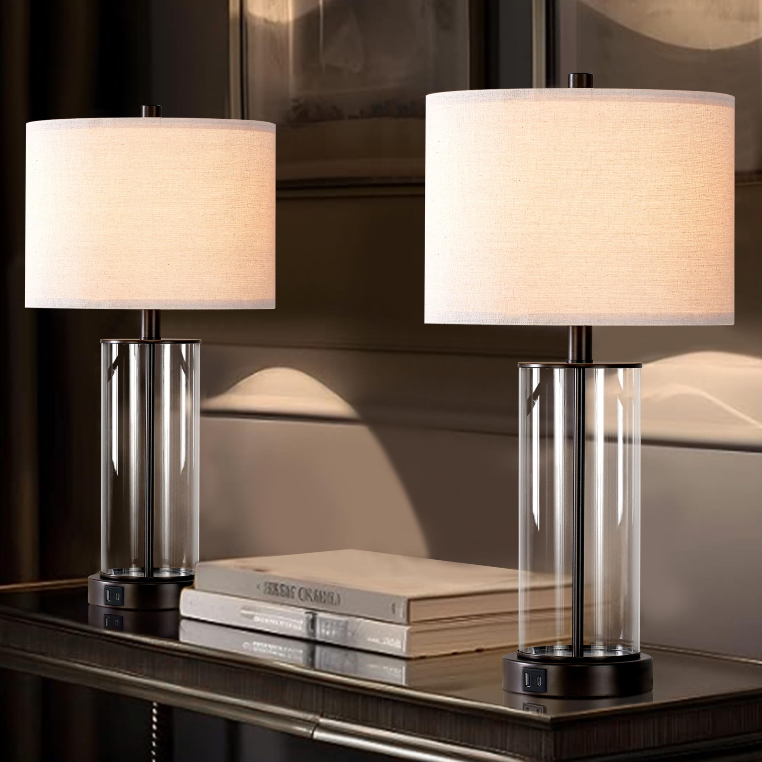 23.5'' Glass Table Lamp Set of 2 for Living Room with USB Ports and AC Outlets
