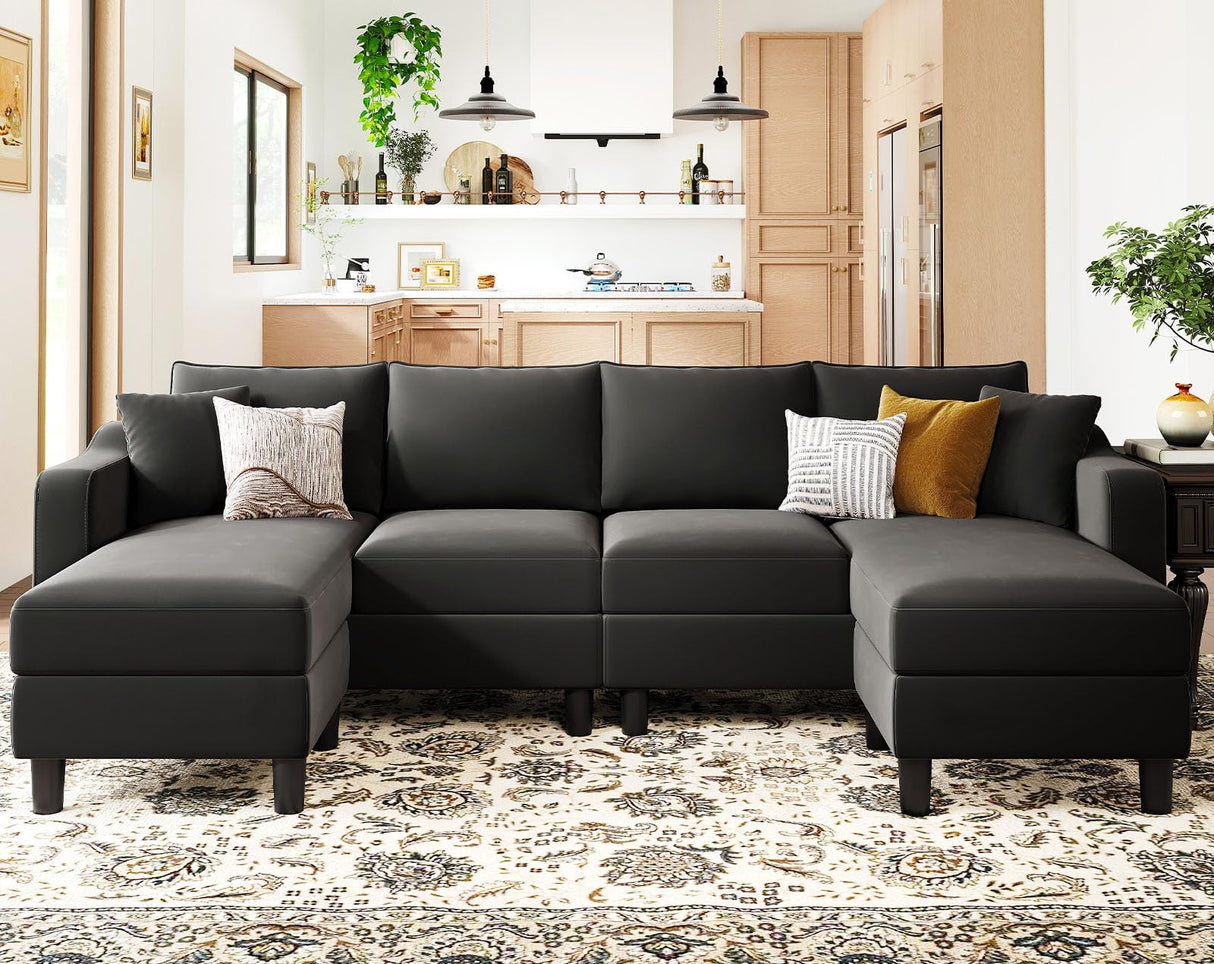 U Shaped Sectional Sofa Velvet Convertible Sofa with Reversible Chaises