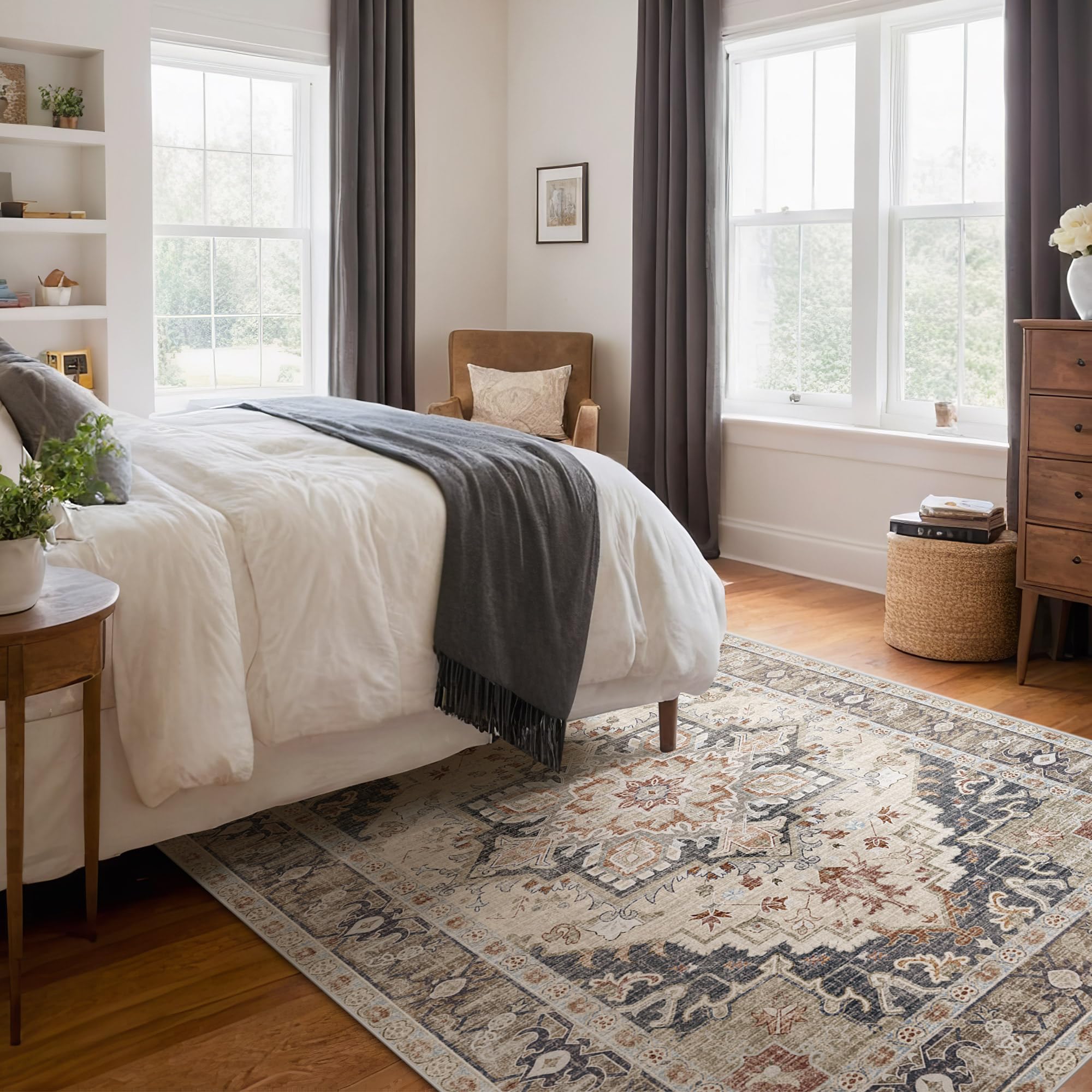 Washable Area Rugs 9x12 Living Room Boho Non Slip Thin Carpet Stain Resistant Vintage