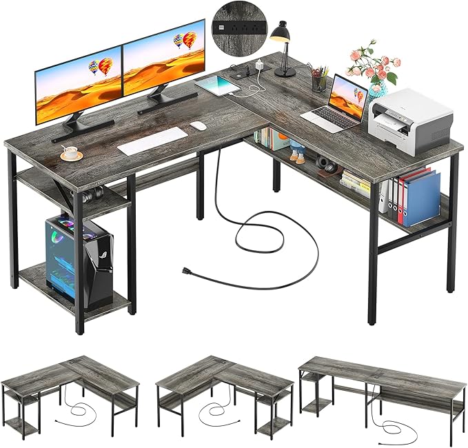 Reversible L Shaped Desk with Magic Power Outlets and USB Charging Ports