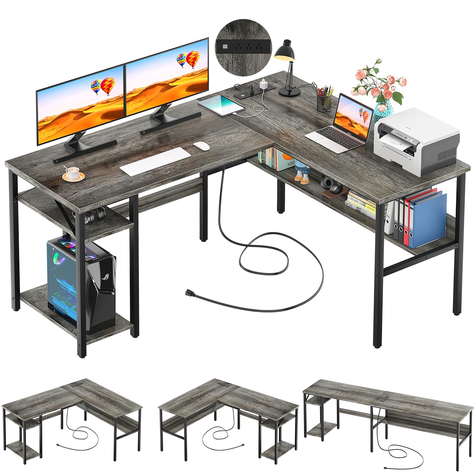 Reversible L Shaped Desk with Magic Power Outlets and USB Charging Ports