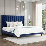 Queen Bed Frame/Velvet Upholstered Platform Bed Frame with Headboard/Strong Wood Slats Support