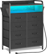 Dresser with Power Outlets and LED Lights, 8 Drawers Dresser with Side Pockets, Fabric