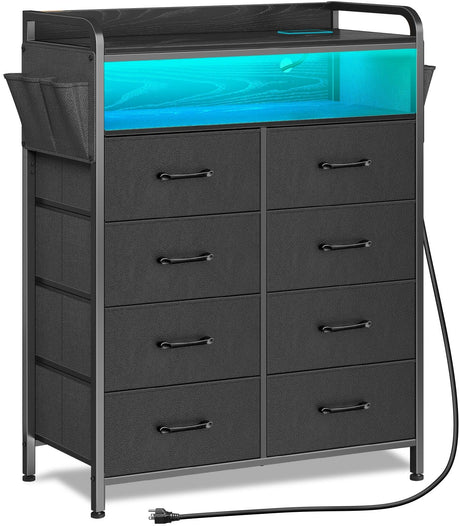 Dresser with Power Outlets and LED Lights, 8 Drawers Dresser with Side Pockets