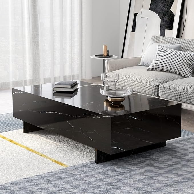 41" Marble White Cool Coffee Table for Living Room,Rectangular Glossy Smart Contemporary Center