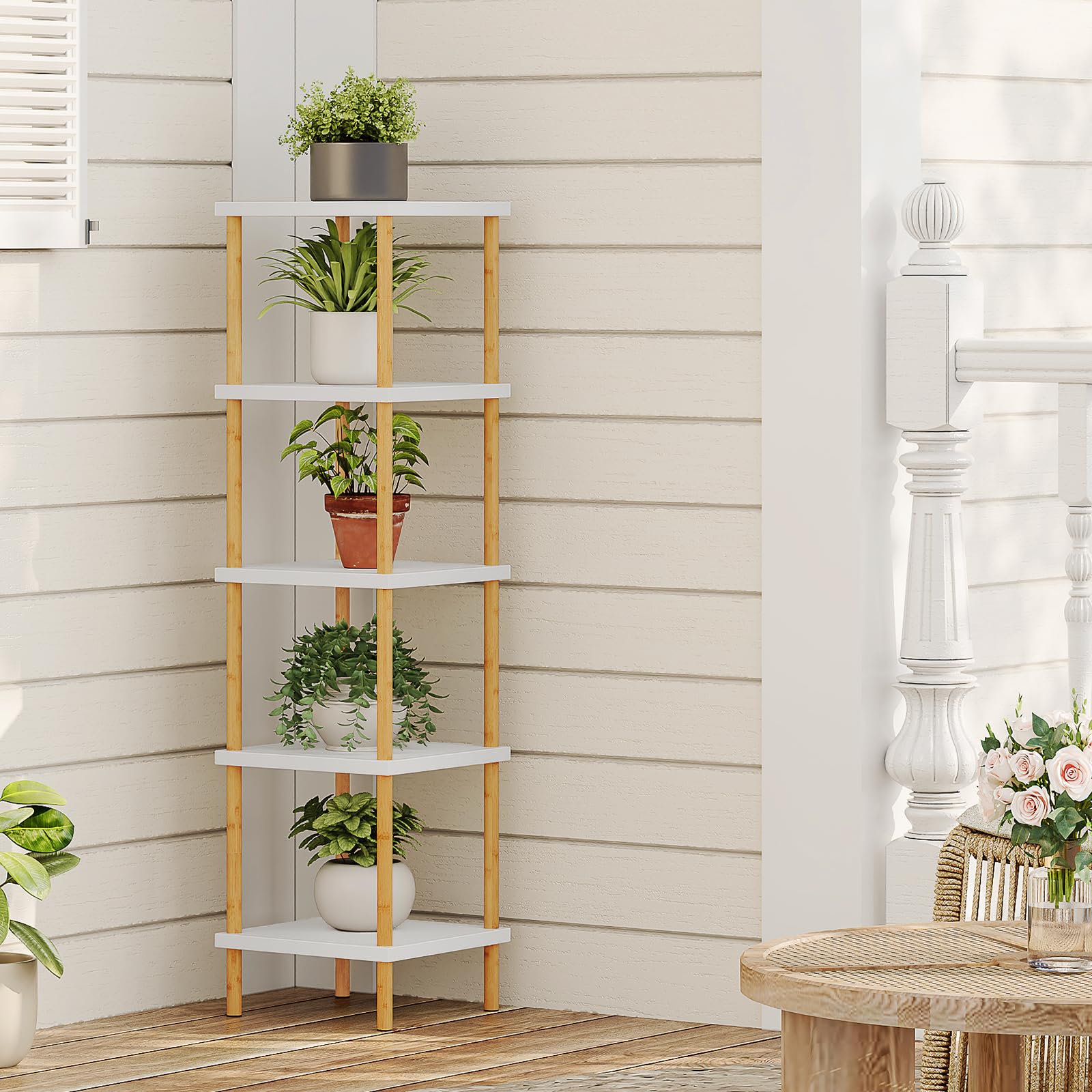 HOOBRO 5-Tier Corner Shelf, Bamboo Corner Square Rack Display Shelf, Tall Storage Rack Plant Stand, Corner Bookcase for Small Spaces, Living Room, Home Office, Kitchen, White and Natural WT21CJ01