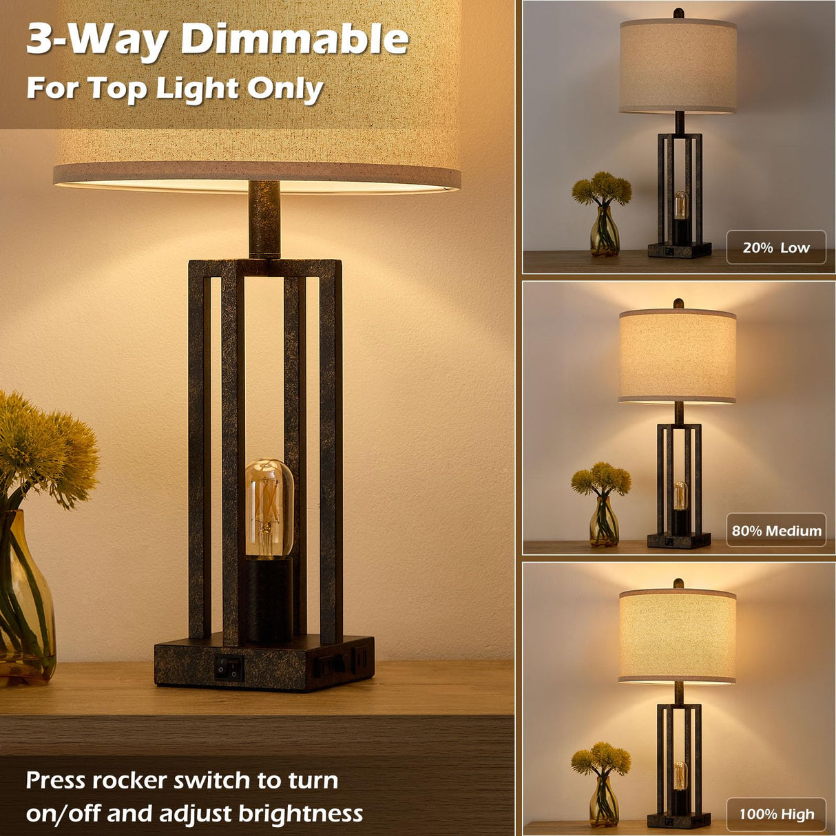 26.6" Farmhouse Table Lamps Set of 2 with USB Ports & Outlet