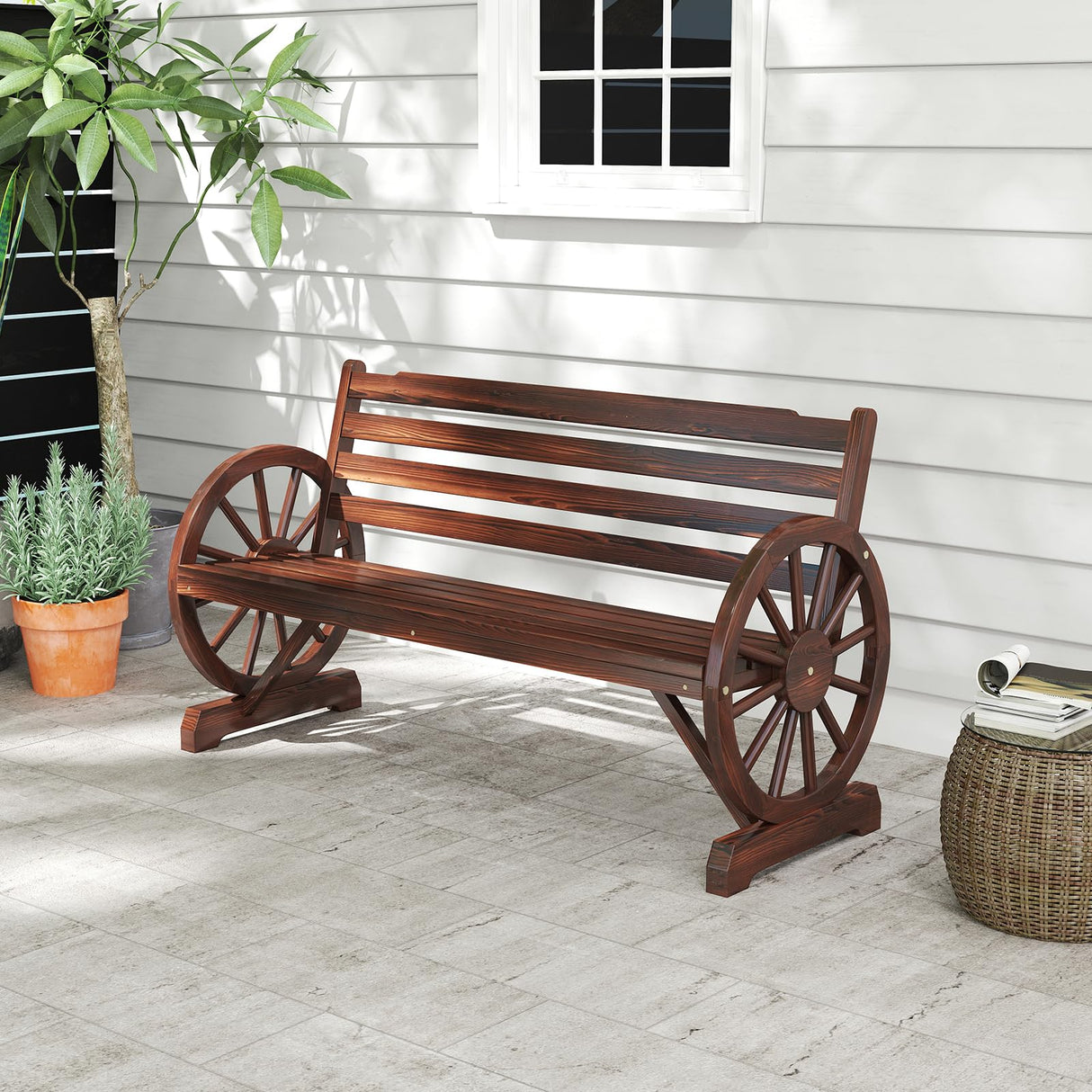 Wooden Rustic Wagon Wheel Bench, Outdoor Bench Seat, Patio 2-Person Bench