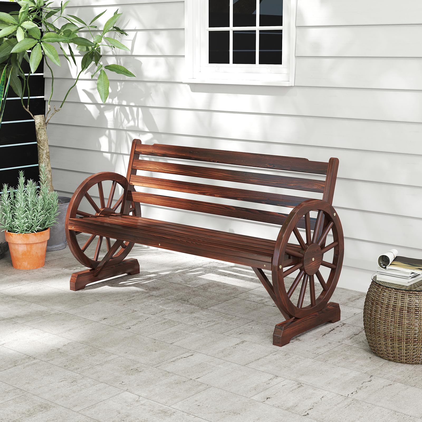 Wooden Rustic Wagon Wheel Bench, Outdoor Bench Seat, Patio 2-Person Bench