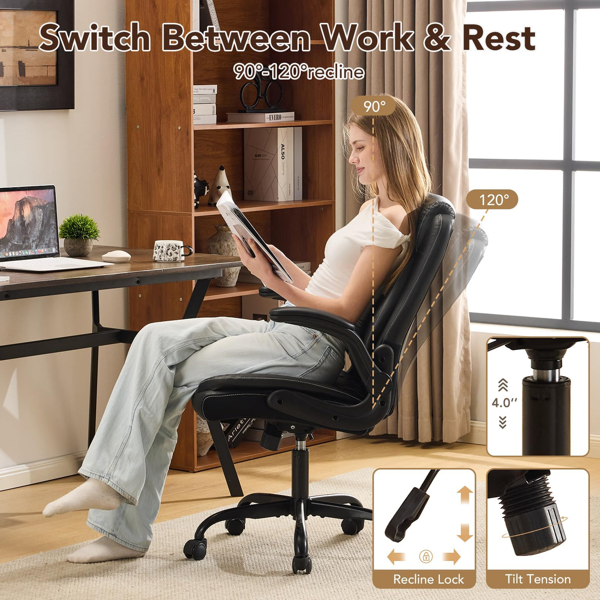 Ergonomic Leather Office Chair with Flip-Up Armrests