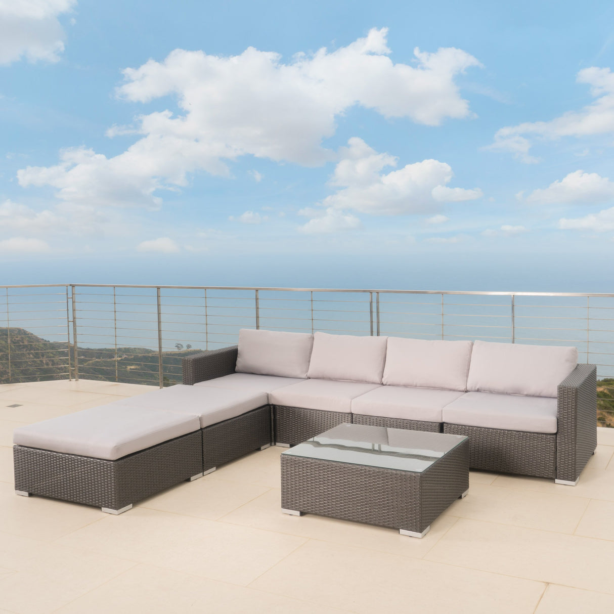 Santa Rosa 6-Seater Wicker Sectional Sofa with Aluminum Frame/Silver Cushion