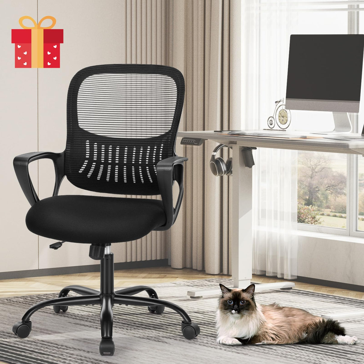 Mid Back Computer Ergonomic Mesh Desk with Larger Seat, Executive Height Adjustable