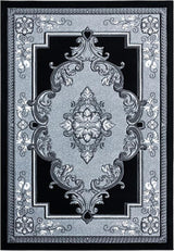 Traditional Hand-Carved Area Rug 5x7 - Black & Grey Floral Medallion