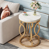 Tribesigns Modern Round End Table Set of 2 with Thick Wood Top, 20" Side Table Cocktail Table with Unique O-Shaped Base, Midcentury Accent Table Nightstand for Living Room Bedroom, White + Gold