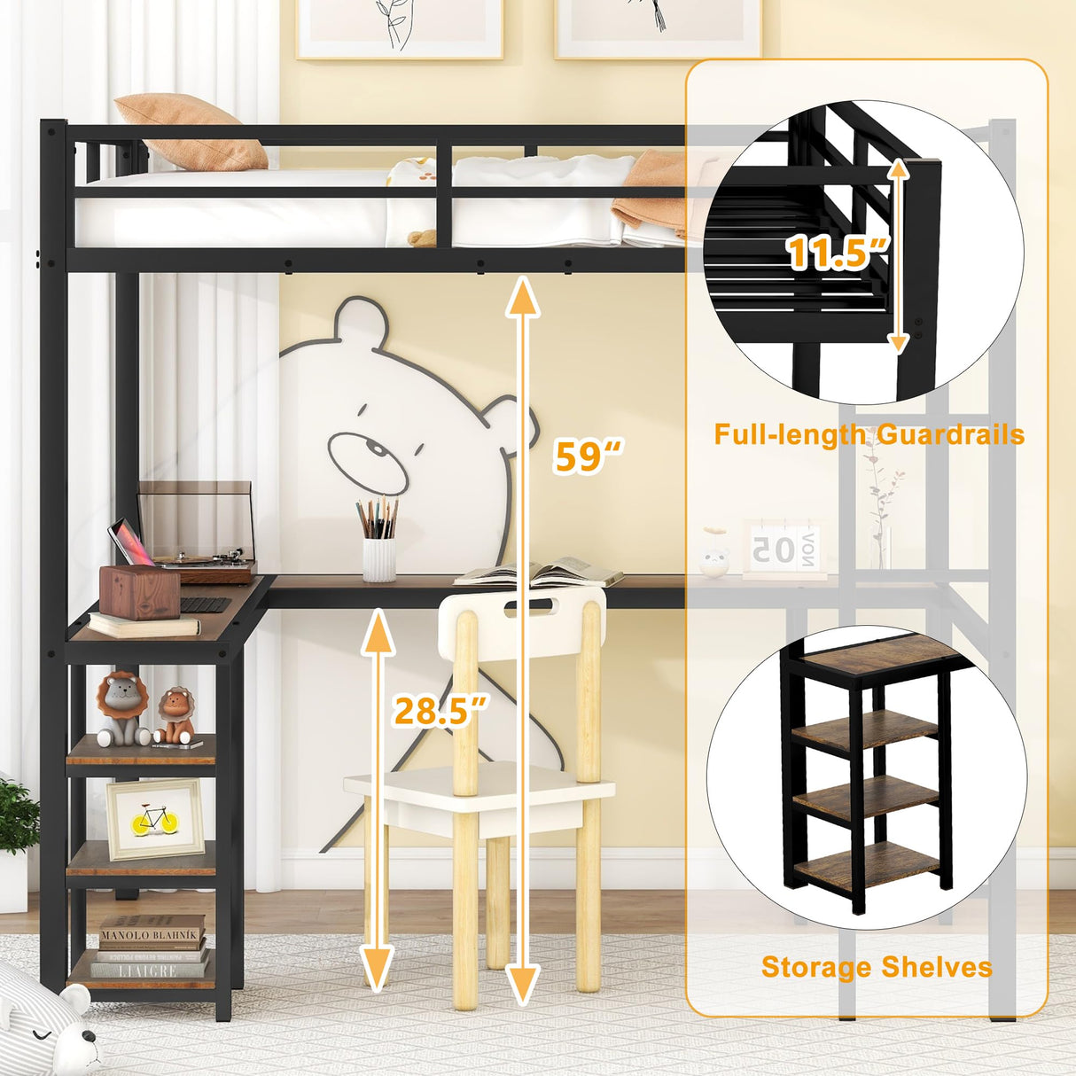 Full Size Loft Bed with L Shaped Desk,Metal Frame Loft Bed Full with Storage Shelves